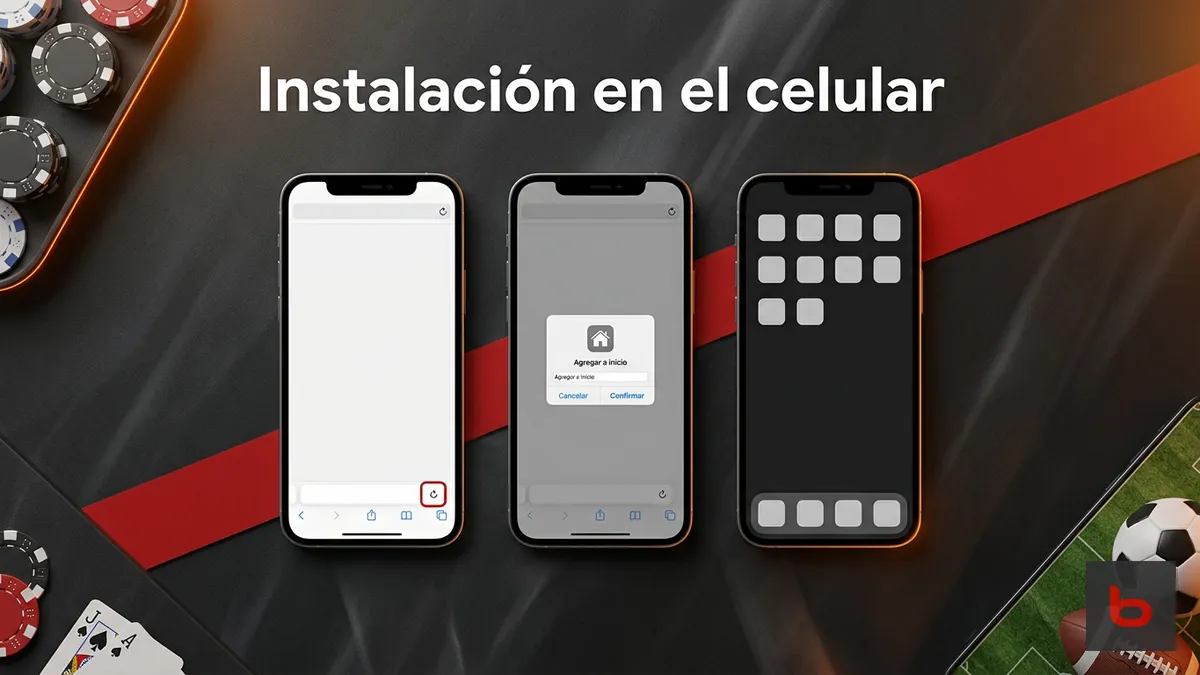 Tres pantallas de celular mostrando los pasos para instalar el acceso directo de Bodog en Chile