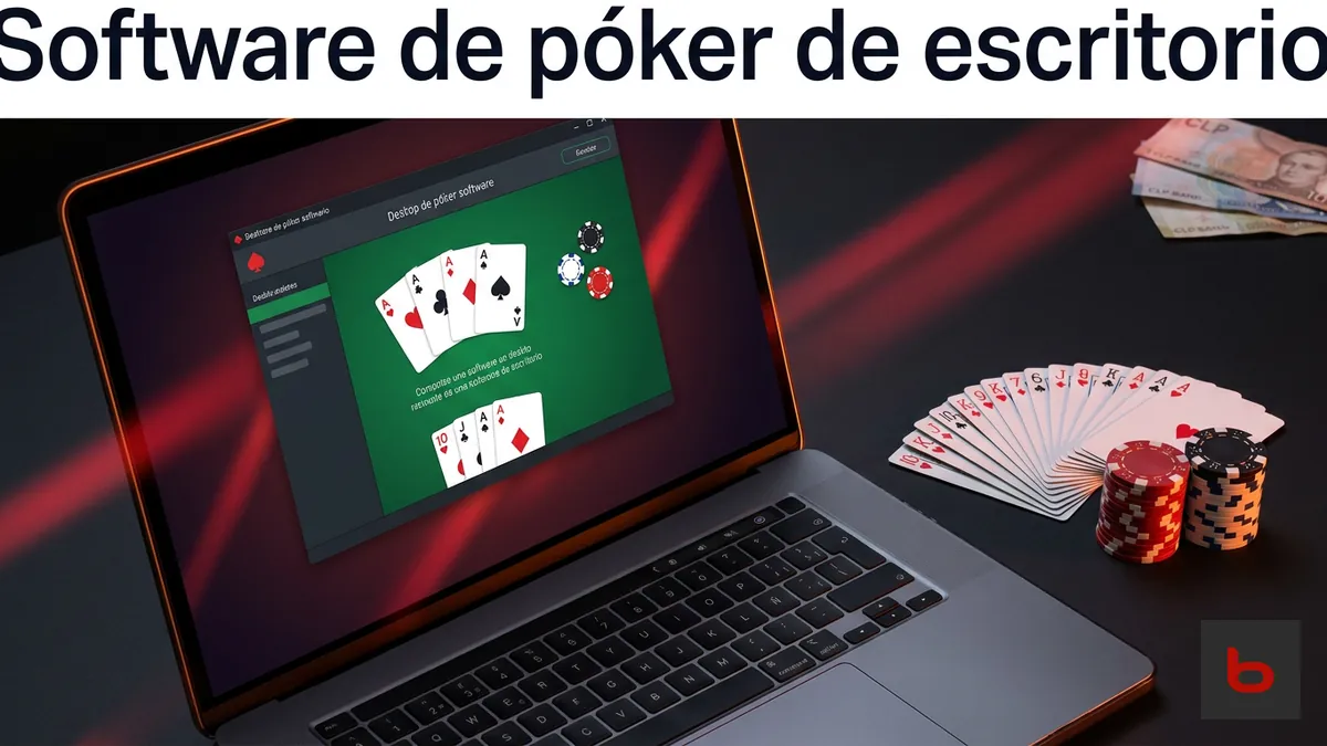 Laptop con el cliente de escritorio de póker de Bodog junto a cartas y fichas en Chile