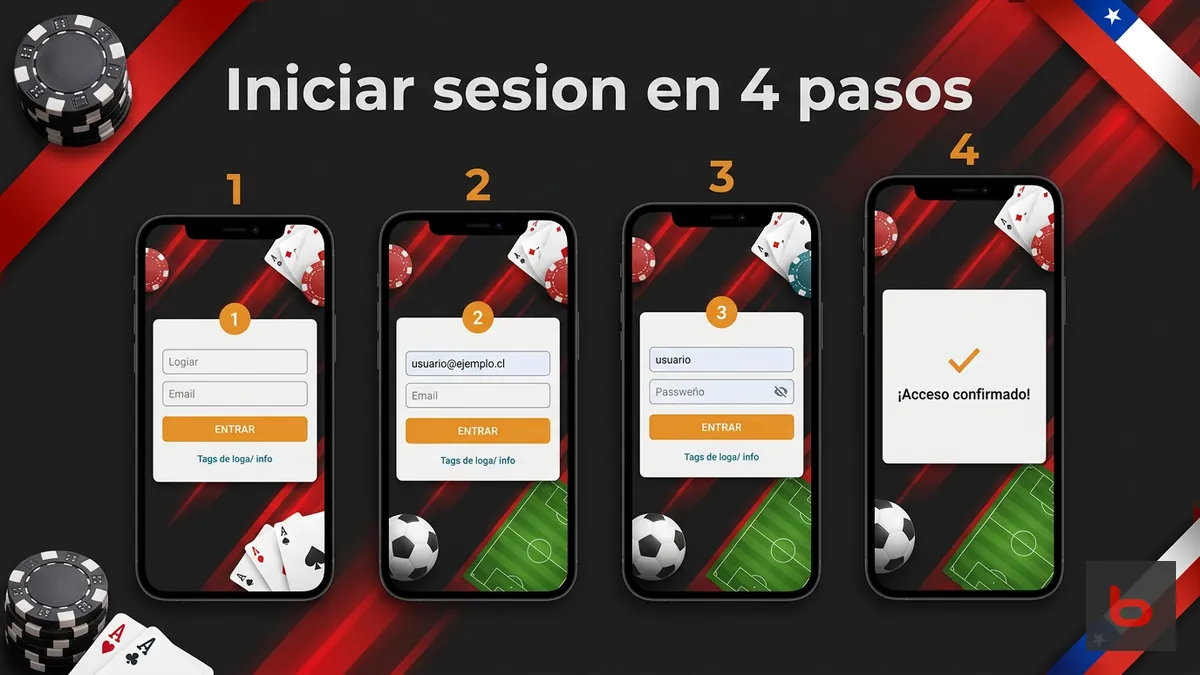 Cuatro pasos para iniciar sesion en Bodog Chile: correo, contrasena y confirmacion de acceso