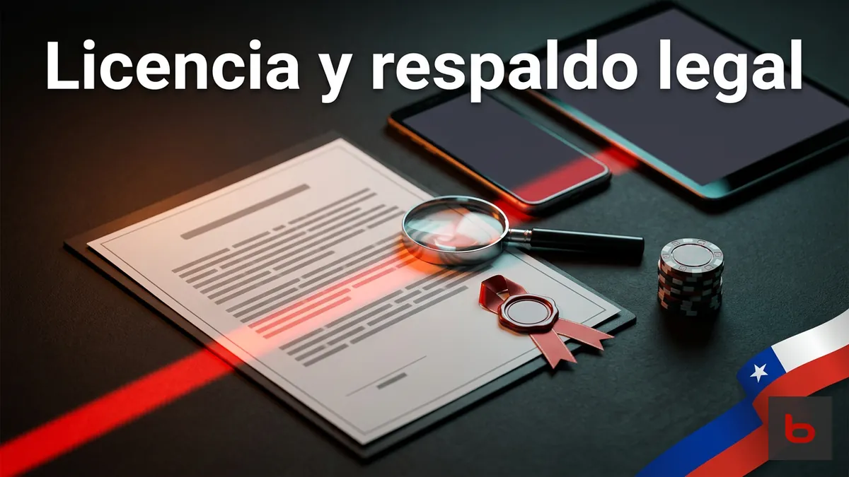 Documento de licencia sellado sobre escritorio oscuro con lupa, cinta de la bandera de Chile, sitio Bodog Chile