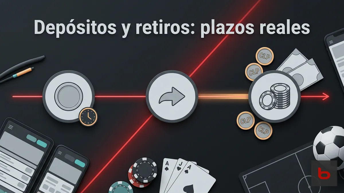 Línea de tiempo con iconos de depósito y retiro representando los plazos de pago de Bodog Chile