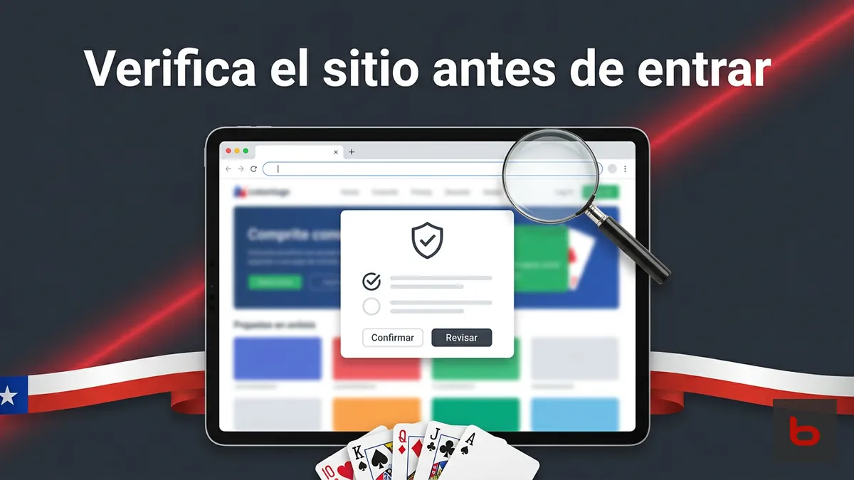 Lista de verificación con lupa y escudo para reconocer el sitio auténtico antes de ingresar